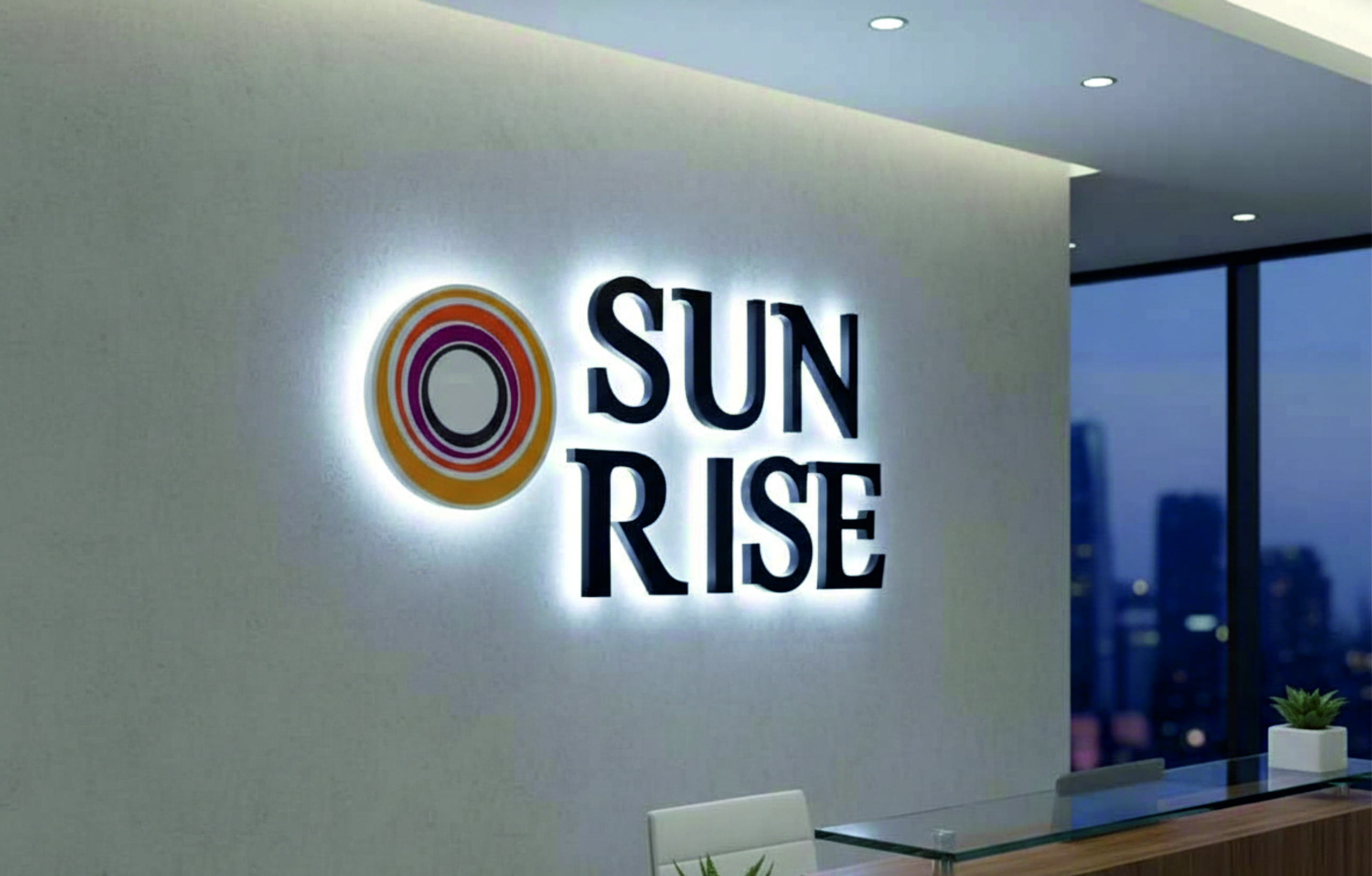 SUN RISE - Premium corporate office signage with LED halo backlighting - Modern office branding solutions by SignJunction