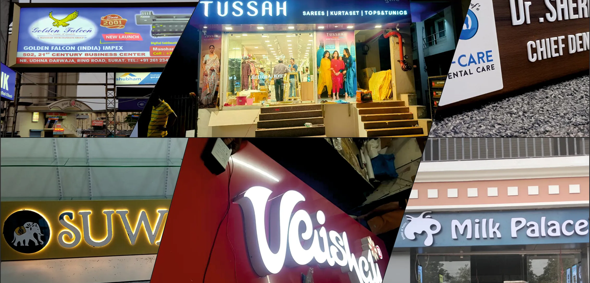 Modern automotive dealership with premium LED signage at night - showcasing Sign Junction's professional lighting solutions in Vadodara