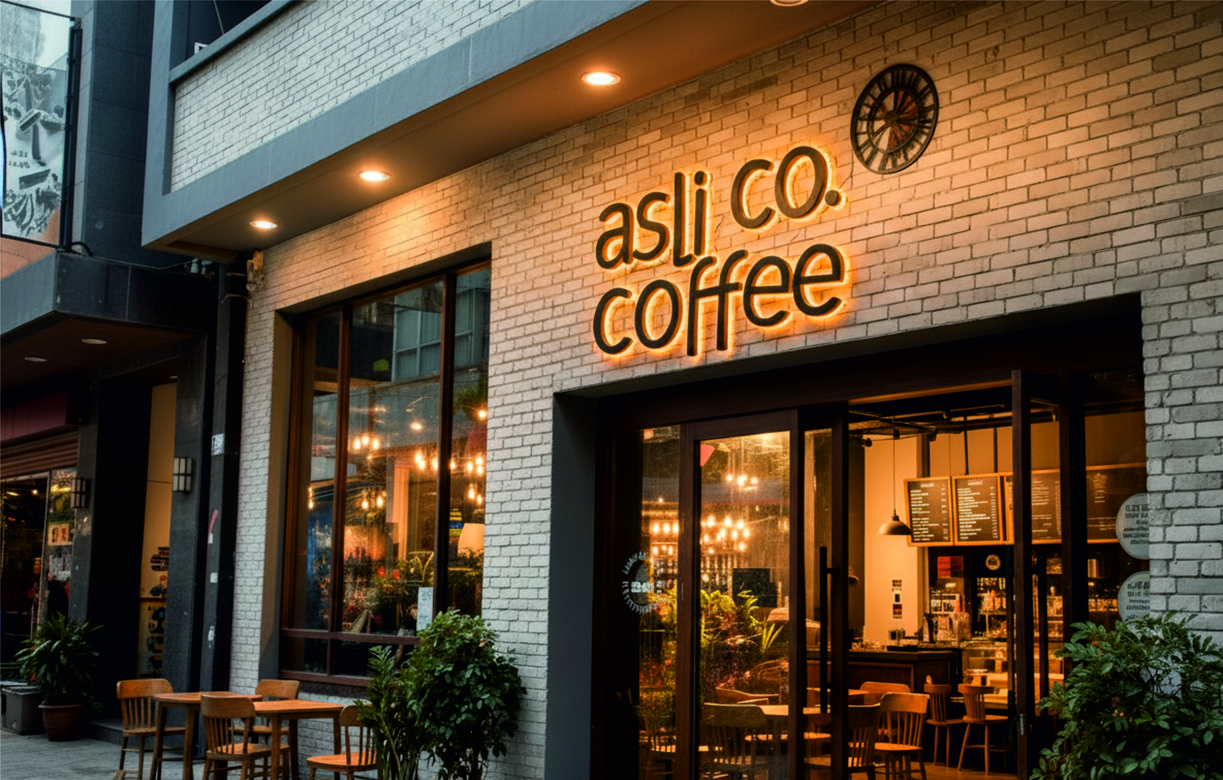 asli co. coffee - Premium golden channel letter signage on white brick facade - Professional café and restaurant branding solutions by SignJunction